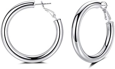 Silver Hoop Earrings for Women, 14k Rose Gold Plated Chunky Lightweight Hoop Earrings, 5mm Thick Hoops | Tube Loop Earrings Jewelry Gifts for Girls, 20mm, 30mm, 40mm, 50mm