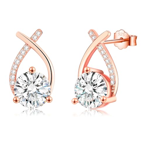 Rose Gold Stud Earrings for Women, 925 Sterling Silver Stud Cubic Zirconia Studs, Dainty Hypoallergenic Gold Earrings for Women Men Girls