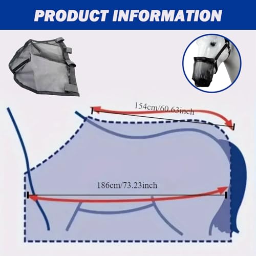 Manta antimoscas de malla negra de 187 cm con cubre nariz para caballos 6
