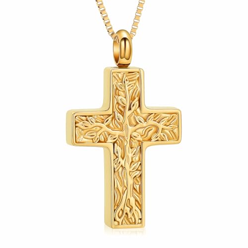 XSMZB Cross Urn Necklace for Ashes for Women Men Tree of Life Cross Cremation Jewelry Keepsake Pendant for Ashes of Loved One