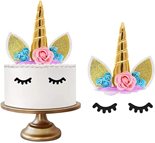 Decoración para Tartas de Cumpleaños-Tarta Cuerno de Oro 3D, Dos Pestañas y 7 Flores para Fiesta,Cumpleaños y Boda Cover