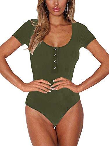 INFITTY Womens Sexy Backless Bodysuits Tops Summer Slim Fit Short Sleeve Button Down Shirts Army Green 2X-Large