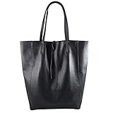 test Freyday Damen Echtleder Shopper mit Innentasche in vielen Farben Schultertasche Henkeltasche Metallic look (Schwarz)