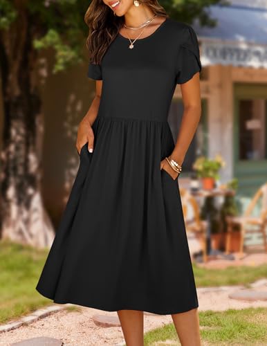Image of HOTOUCH Women's Summer A-Line Midi Dresses 2026 Casual Floral Short Sleeve T-Shirt Dress Flowy Beach Sundress with Pockets