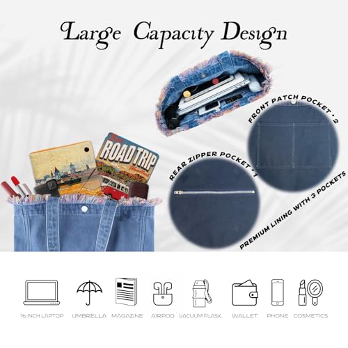 Premium Niche Lightweight Foldable Designer Shoulder Bag | Aesthetic Boho Red Fringe Denim Tote Bag with Zipper pockets4