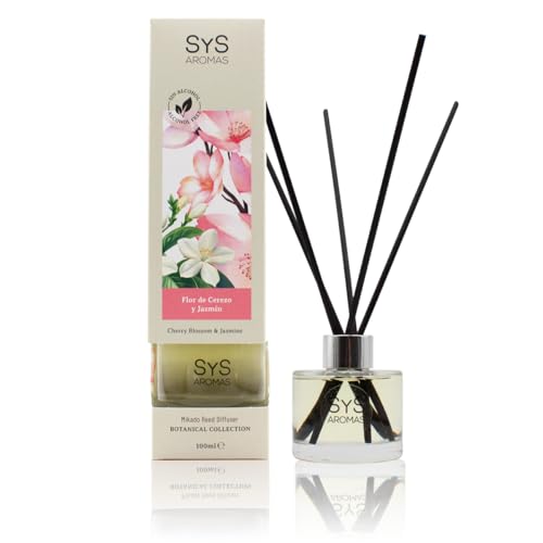 SYS Aromas Ambientador Mikado Flor de Cerezo y Jazmín - Botanical - Difusor con Varillas de Ratán - Sin Alcohol - Larga Duración - Ideal para Hogar, Oficina, Baño - 100 ml con 5 Varillas