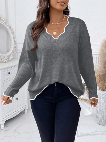 Image of MAKEMECHIC Women's Plus Size Long Sleeve Sweaters Scalloped V Neck Knit Cozy Sweater Pullover
