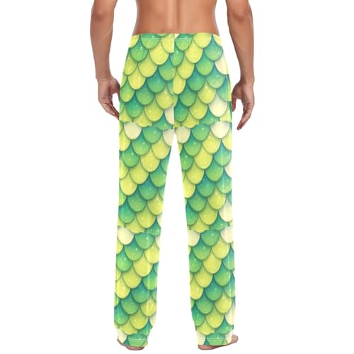Men's Green Mermaid Scale Pajama Pants with Pockets - Straight Fit Cotton Sleep Bottoms for Lounge & Nightwear#8353