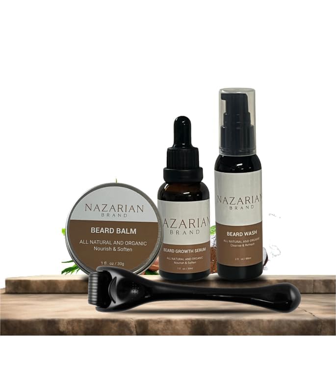 Nazarian Beard Growth Kit for Men – Includes 2oz Beard Growth Oil & Serum, Beard Balm & Shampoo – Ammonia & Sulphate Free Beard Kit – Beard Grooming Gift Set for Men – All Hair Types