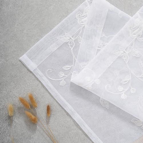Image of White Sheer Curtains Embroidery 63 Inch Length Rod Pocket Voile Drapes for Living room, Bedroom, Window Treatments Semi Flower Pattern Curtain Panels for Kitchen, Yard, Farmhouse, Set of 2, 52 inchx 63 inch.