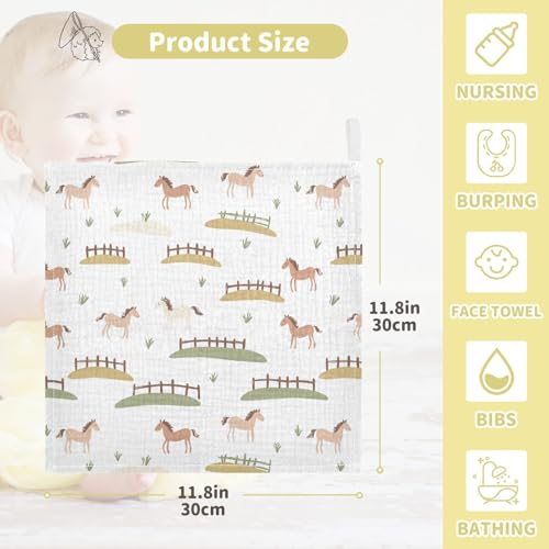 Image of vvfelixl Cute Horses Fences Baby Burp Cloths Baby Muslin Washcloths for Boys Girls Cotton Babys Face Towel for Newborn Infants Soft and Absorbent 11.8 X 11.8 in, 5 Pack