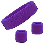 Kenz Laurenz Sweatband Set Cotton Sports Headband Terry Cloth Wristband Moisture Wicking Sweat Absorbing Head Band Athletic Exercise Basketball Wrist Sweatbands and Headbands by (Purple)