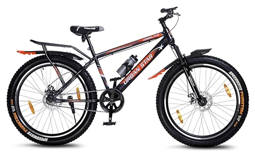 Image of URBANSTAR 26T Double Disc with Carrier - SEMI Fat Tyres 26 * 300 - Metalic Black 26 T SEMI Fat Tyre Cycle (Single Speed, Metallic Black, Only Front Suspension)