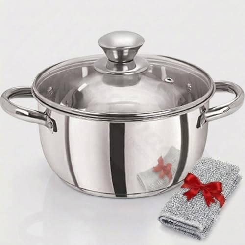 Image of Stainless Steel with Toughen Glass Lid Handi Set /Dutch Oven Induction & Gas Stove Friendly Cook and Serve Handi Set with Toughen Glass Lids with Dishwashing Rag Free (2 Liter)