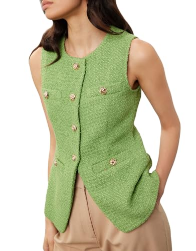 Women's Tweed Blazer Vest Sleeveless Button Front Casual Blazer Jackets Work Office Vest