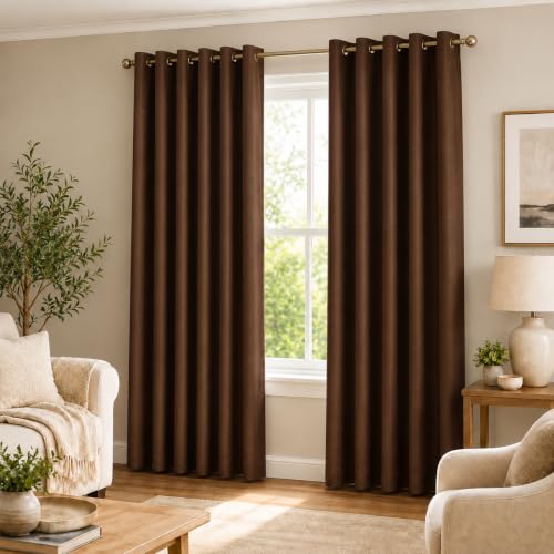 Image of Polyester Eyelet Door Curtain, Solid Plain Light Filtering Curtain for Bedroom, Living Room & Home Office, 7 Feet (84 x 48 Inch), Brown, Pack of 2