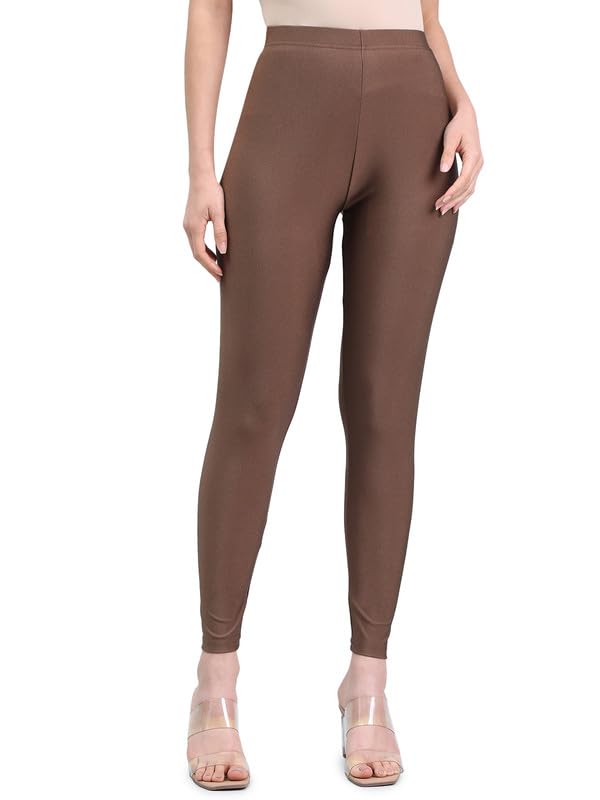 Image of GO COLORS Soft Nylon Stretch Shimmer Ankle Length Leggings for Women | Smooth & Shiny, Mid Rise