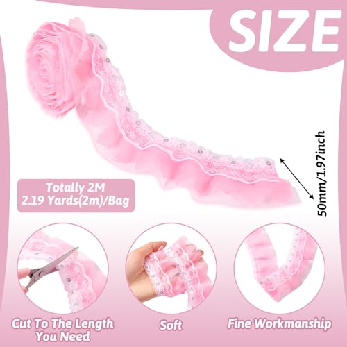 Spritewelry 2M Pink Lace Pleated Chiffon Lace Trims 2-Layer Vintage Lace Ribbons for Bridal Wedding DIY Craft Sewing Costume Applique Decor 50mm - Image 3