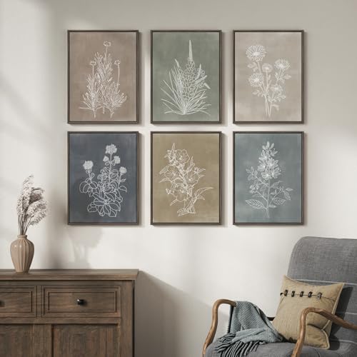 Framed Neutral Botanical Wall Art Set for Living Room, Vintage Minimalist Floral Canvas Painting Prints, Rustic Modern Farmhouse Boho Flower Line Pictures for Bedroom Dining Room Wall Decor, 12x16 In