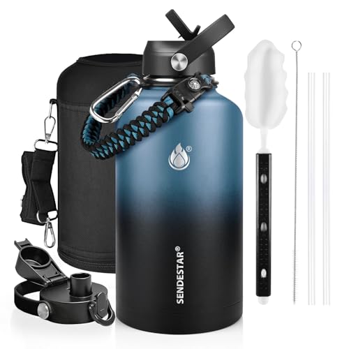 Image of One Gallon Insulated Water Bottle, Triple Wall 128 oz Stainless Steel Wide Mouth Water Bottles (Cold for 48 Hrs), Leak Proof, Non-BPA, Large Water Flask Jug with Paracord Handle & Straw Spout Lids