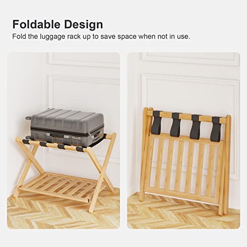 Smart Fendee 26.77" Fully Assembled Natural Luggage Rack For Guest Room, Bamboo Wide Suitcase Stand With Storage Shelf, Folding Luggage Holder For Bedroom, Hotel #TOP4