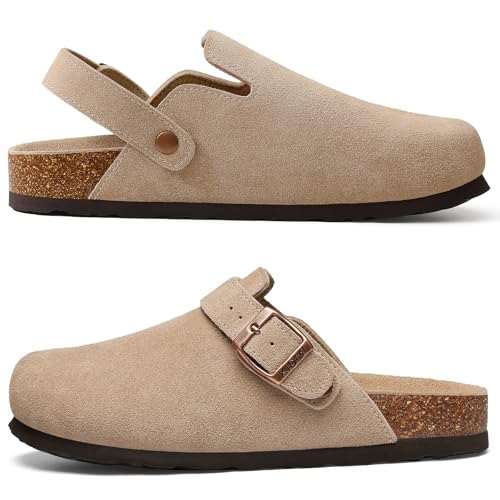 KIDMI Women's Suede Clogs with Back Strap Men's Leather Mules Cork Footbed Slip on Potato Shoes3
