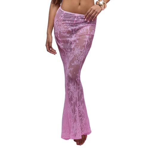 Women Boho Sheer Lace Maxi Skirt Floral Mesh Mermaid Hem Long Skirt See Through Party Beach Cover Up (Pink, M)