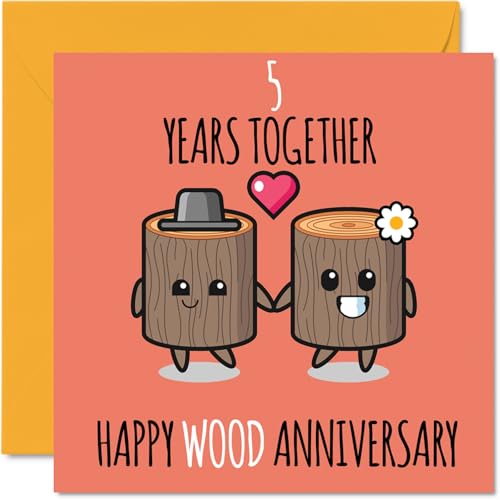 Belo cartão de aniversário de madeira para namorado e namorada, 5 anos juntos, cartões de felicitação de 5º aniversário de casamento para mulheres e homens, 145 mm x 145 mm, cartões de felicitação