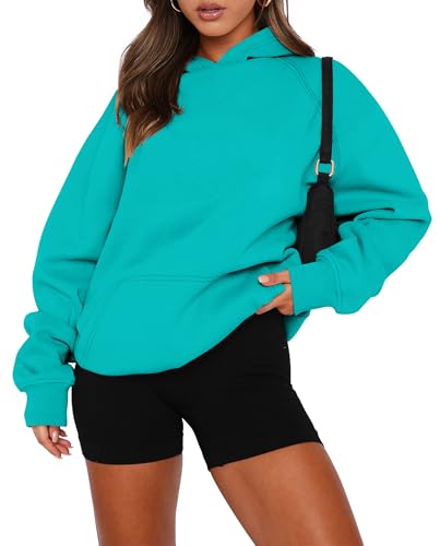 onlypuff Fleece Sweatshirt for Women Long Sleeve Lightweight Hoodies with Kangaroo Pocket Turquoise Blue M