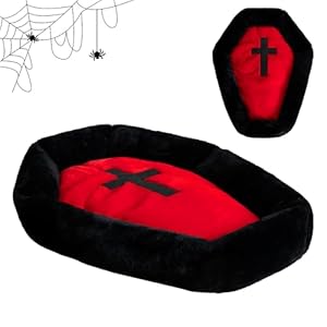 Purrzone Gothic Cat Bed – Washable Coffin Design, Fits Cats Up to 25 lbs, Fluffy Red & Black Small Halloween House, 24 * 16.9 Inch