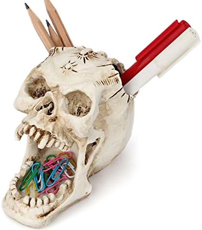 Portalápices de cráneo, soporte para bolígrafos, soporte para pinceles, organizador de escritorio, oficina, tazas, figura estacionaria, osario,