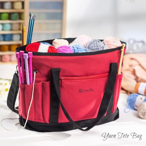 Image of Canvas Yarn Storage Organizer Bag Washable Crochet Bag with Pockets for Yarn, Hooks, Needles - Travel Knitting Tote for Crafters - Gift for Crocheters & Knitters (Medium /Large)