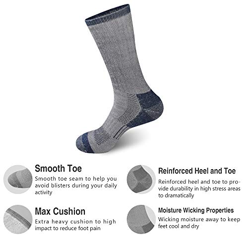 GKX Men's Merino Wool Moisture Wicking Outdoor Hiking Trekking Work Cushion Crew Socks 9-11,10-134