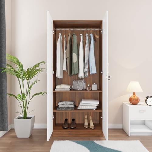 Image of VIKI Wardrobe | Batanes Wardrobe | Wooden Almirah for 2 Door Wardrobe with 2 Shelves & Hanging Space with Mirror (Walnut|White - 40D x 80W x 180.8H) | 1 Year Warranty | Free Assembly