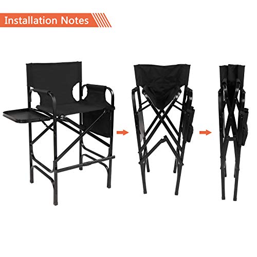 Mefeir 30" Tall Directors Chair Black Folding With Side Table Storage Bag,Portable Makeup Artist Bar Height, Aluminum Frame 300 Lbs Capacity, 19.2" D X 23.6" W X 45.6" H #TOP6