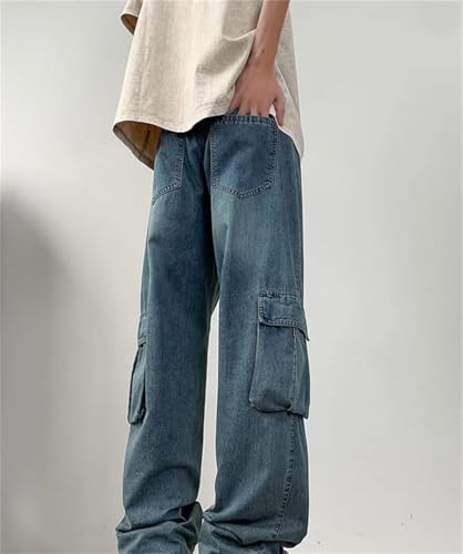 Men's Summer Cargo Jeans Flap Pockets Wide Leg Baggy Denim Pants Drawstring Straight Leg Trousers4
