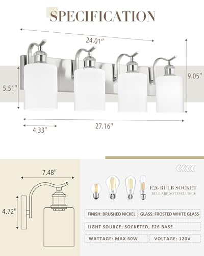 Image of Milk Glass Bathroom Light, 4-Light Vanity Light Fixture, Brushed Nickel Wall Sconce, VL01BNW-4