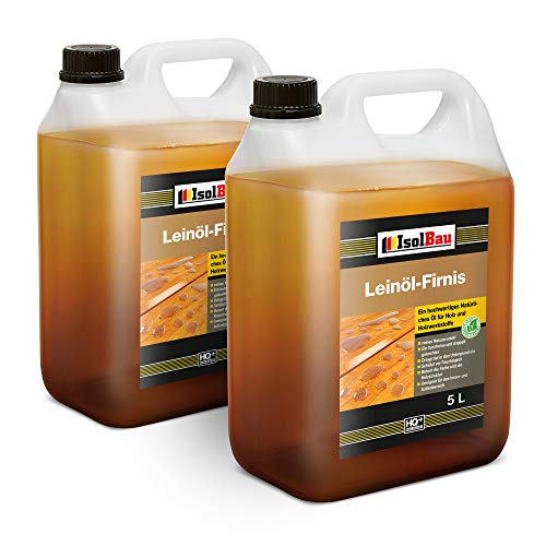 Isolbau Leinöl-Firnis - 2 x 5 Liter - Leinöl für Holz - Holzschutz für Außen und Innen Wetterfest - Doppelt gekochtes Holzöl als natürlicher Schutz für Möbel - Wasserabweisend