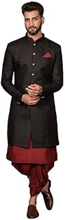 kisah Men's Indo-Western Kurta Sherwani Dhoti Set, Maroon Silk Blend, Jacquard Regular Fit Mandarin Collar Long Sleeves-picture-29