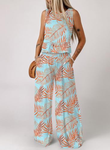Image of Dokotoo Pants Sets Women 2 Piece Outfits Sleeveless Round Neck Tank Tops Matching Sets for Women Elastic Waist Wide Leg