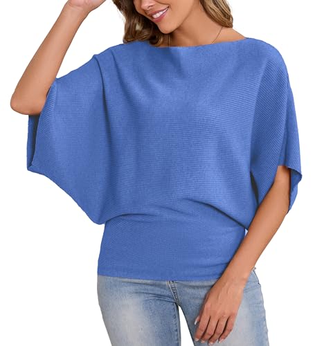 Image of MAKARTHY Womens Batwing Sleeves Knitted Dolman Pullovers Boat Neck Tops Sweatershirts