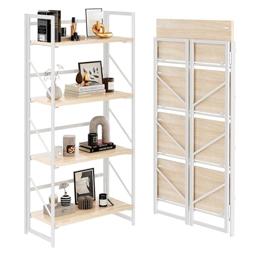 Image of JSB No Assembly Folding Bookshelf, 4 Tier Industrial Metal Book Shelf for Storage, Vintage Wood Foldable Bookcase for Living Room, Bedroom, Office Organization Shelves