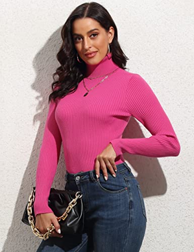 Image of PrettyGuide Women's Ribbed Turtleneck Long Sleeve Sweater Tops Hot Pink S
