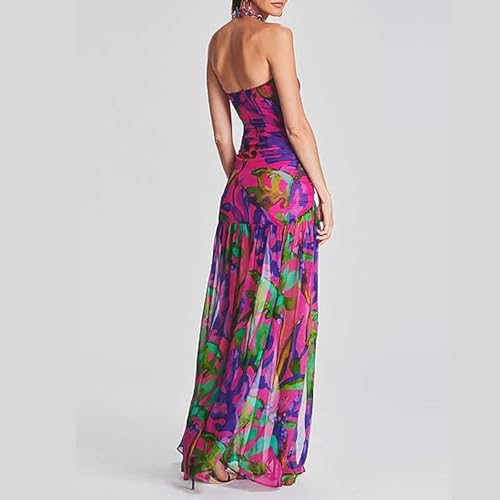 Image of Women Tube Top Dress Backless Strapless Mesh Leopard Print Side Slit Cocktail Bodycon Long Dress Party Club Dress