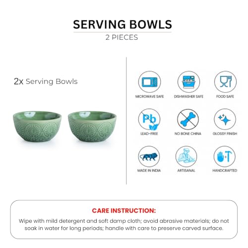 Image of ExclusiveLane 'Mandala Duo' Hand Glazed Ceramic Bowls for Serving Bowl Set (Set of 2, 440 ml, Microwave Safe, Dishwasher Safe, Green) | Kitchen Bowl Ceramic Serving Bowls for Snacks Serveware