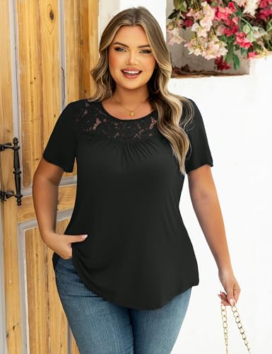 Ahlaray Women's Plus Size Summer Tops Short Sleeve Shirts Lace Pleated Tunic Tops Blouses M-4XL4