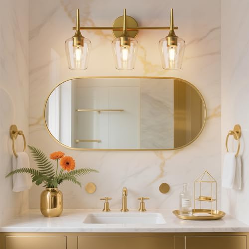 Image of 22 Inch 3-Light Gold Bathroom Vanity Light Fixtures | Wine Glass Clear Glass Wall Sconce, Modern Wall Mount Light for Bathroom, Hallway, Bedroom
