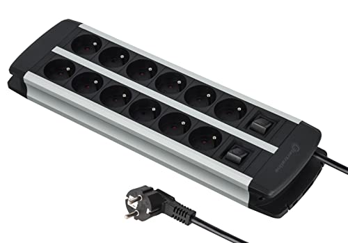 Electraline 35447 Alu-Line Bloc Multiprise 12 Prises avec Corps en Aluminium, Câbles H05VV-F 3G1.5mm, Longueur 2M, 2 interrupteurs (1 x 6 prises), avec protection contre les surcharges