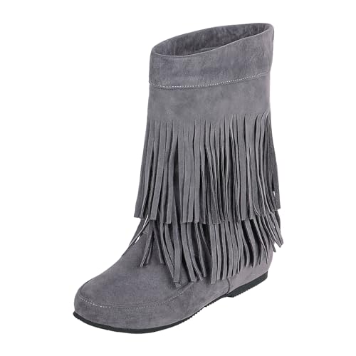 Women's Suede Tassel tInner Height Mid-Calf Booties Comfortable Slip On Hidden Wedge Wide Calf Round Toe Retro Western Short Booties