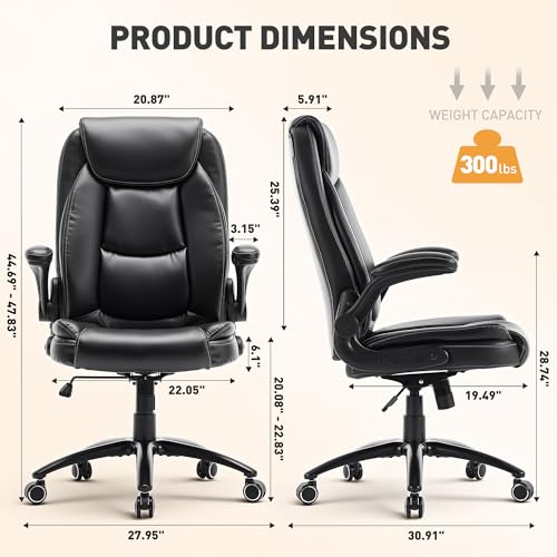 Ergonomic PU Leather Office Chair with Flip-Up Armrests, Reclining Backrest, Adjustable Height & Tilt Tension, Thick Padded Seat, Breathable Leather, 300LBS Capacity Executive Desk Chair,Black - Image 4